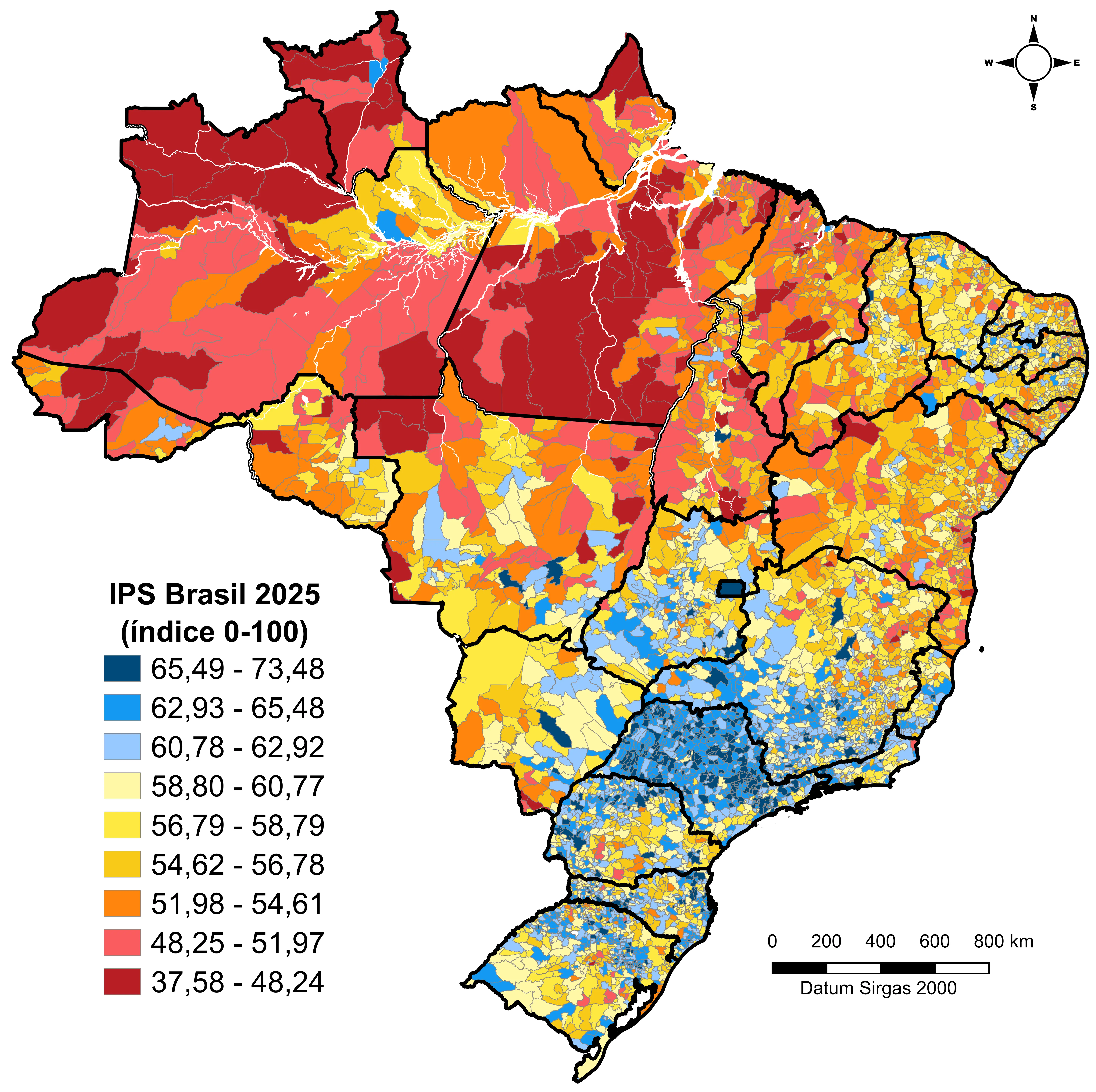 Mapa do Índice de Progresso Social no Brasil em 2025